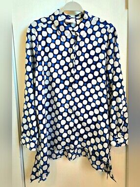 Chico's Blue and White Polka Dot Button-Down Flowy Tunic Top